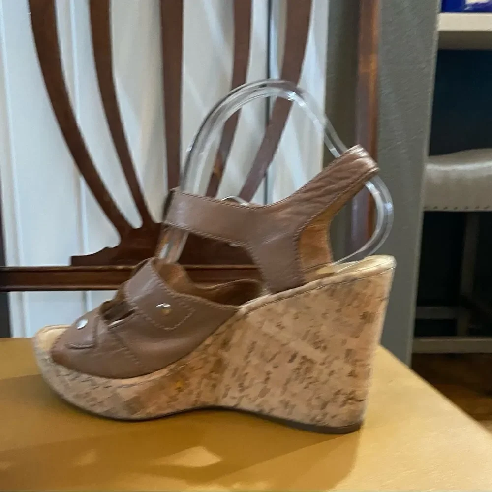Born Shoes Brown Tan Strappy Cork Wedge Sandals